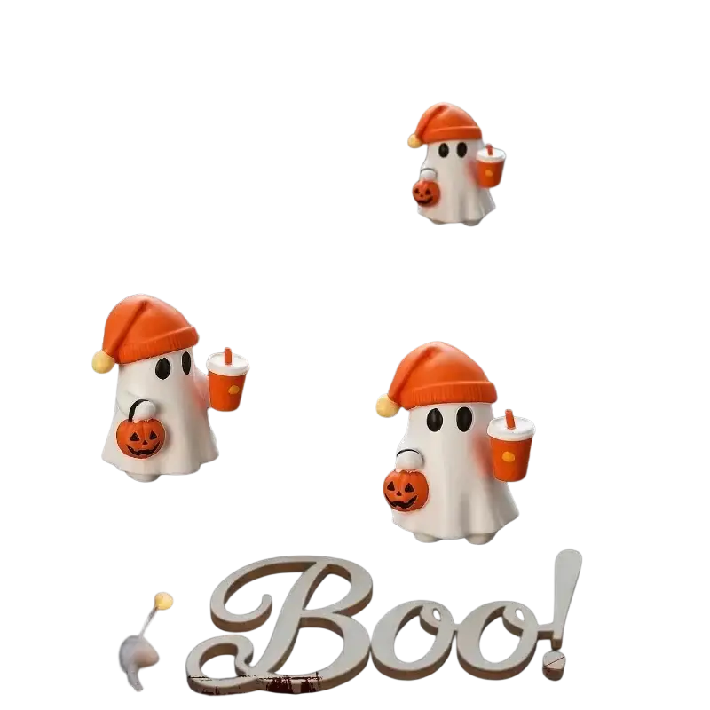 Cute resin ghost figurines in white wearing orange hats and holding pumpkin-themed cups for seasonal decor