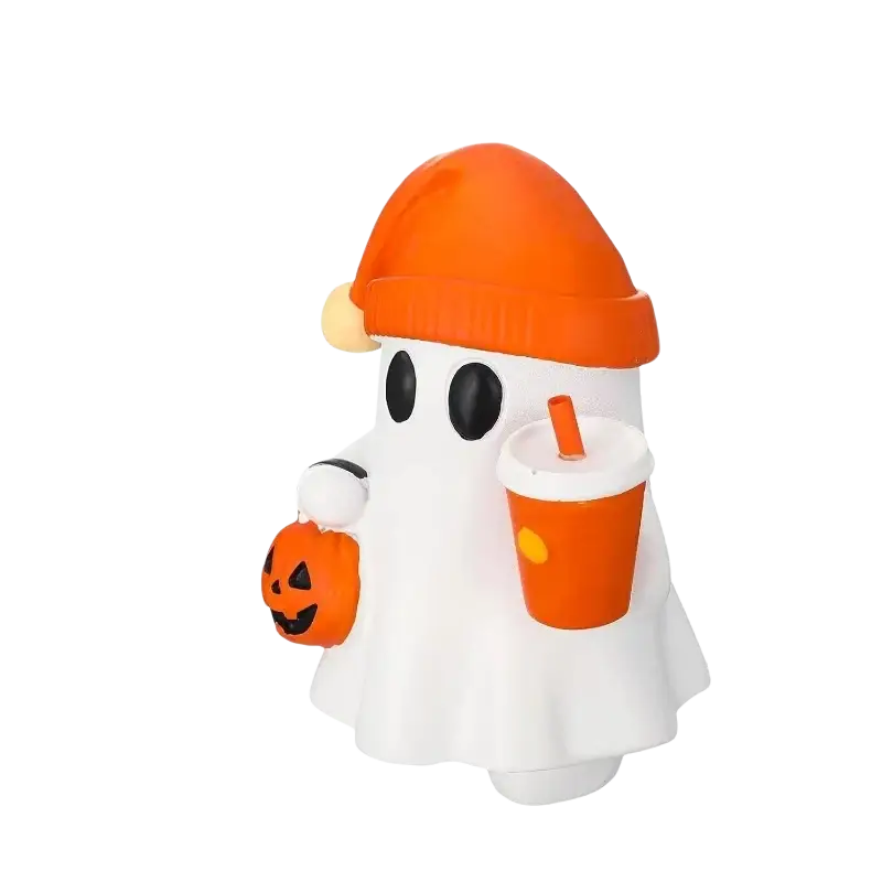 Cute resin ghost figurine in white holding a pumpkin lantern and orange drink cup wearing an orange hat