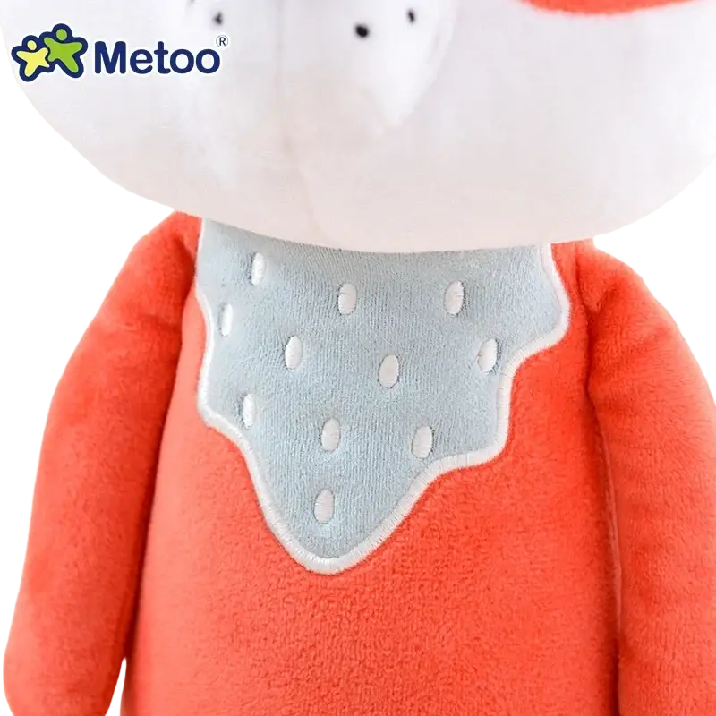 Cute stuffed animal fox plush toy 33cm in soft orange with light blue strawberry-patterned bib for children