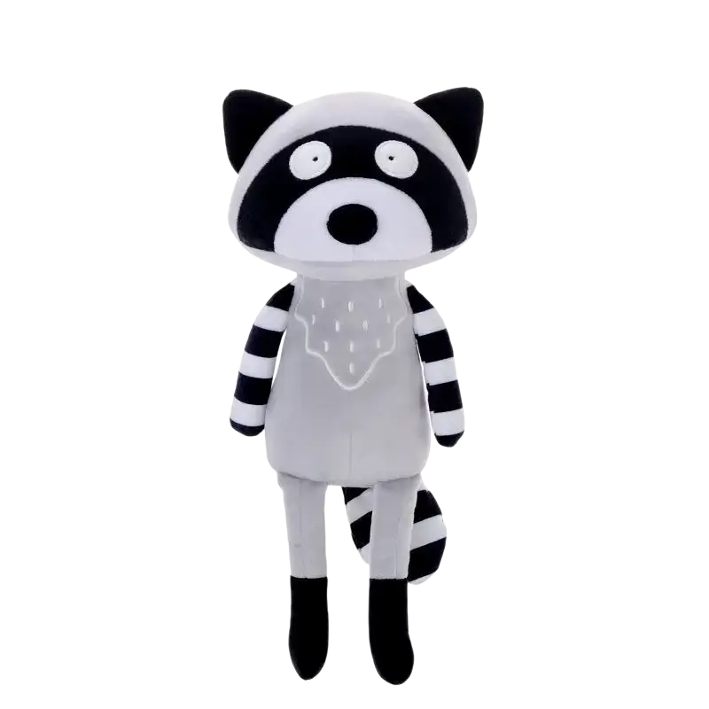 Cute stuffed animal fox plush toy 33cm with soft gray body and black and white striped raccoon arms legs and tail
