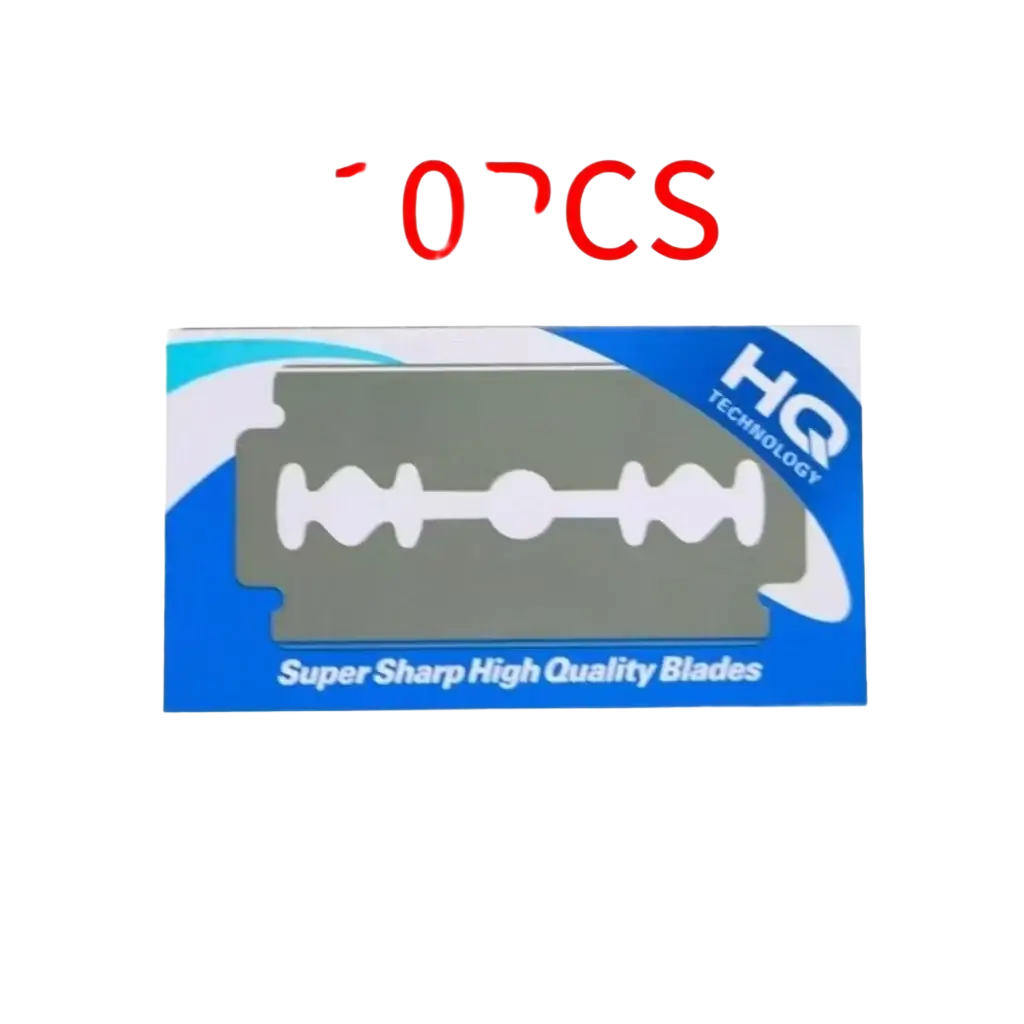 A package of ten silver stainless steel high-quality sharp hair cutting razor blades with a blue and white design