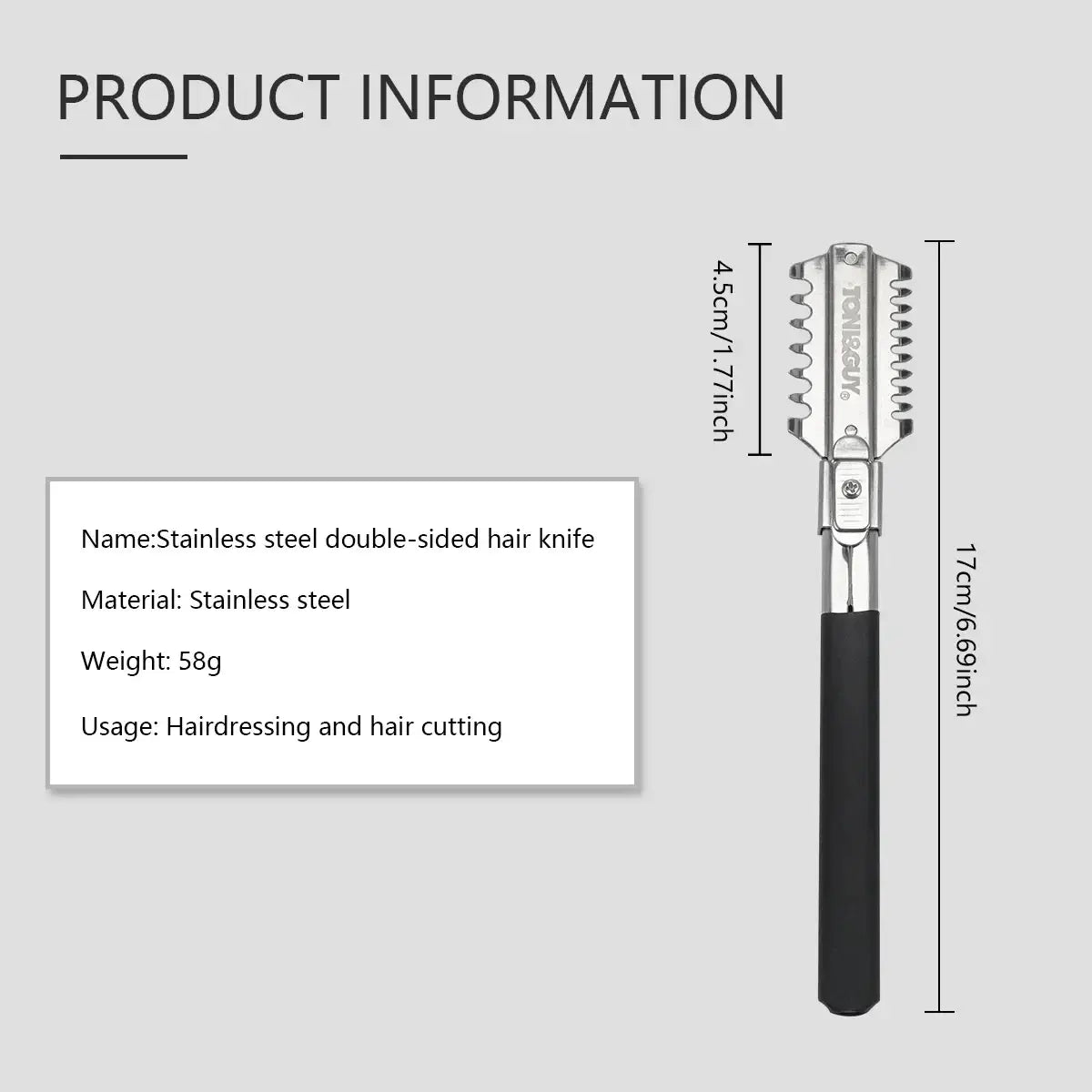 Stainless steel double sided hair cutting razor with black grip and serrated blades for precise hair cutting
