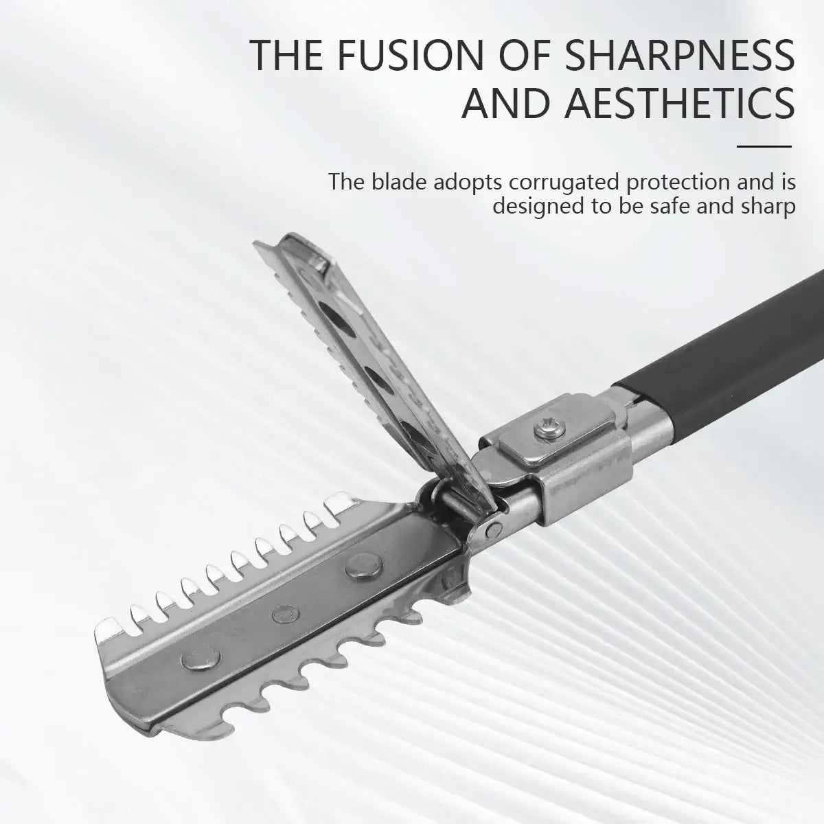 Silver metal hair cutting scissors with black handle and corrugated blade design cutting razor for hair cutting use