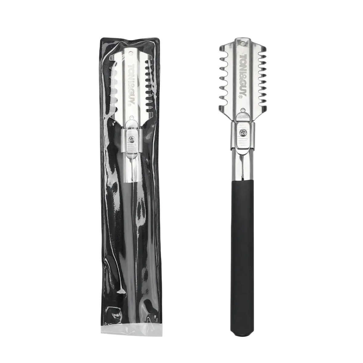 Silver-toned toni&guy stainless steel hair cutting razor with black grip and serrated teeth for precise hair cutting
