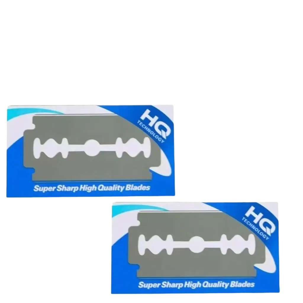 Silver stainless steel double-edge hair cutting razor blades in blue and white hq technology packaging for hair cutting