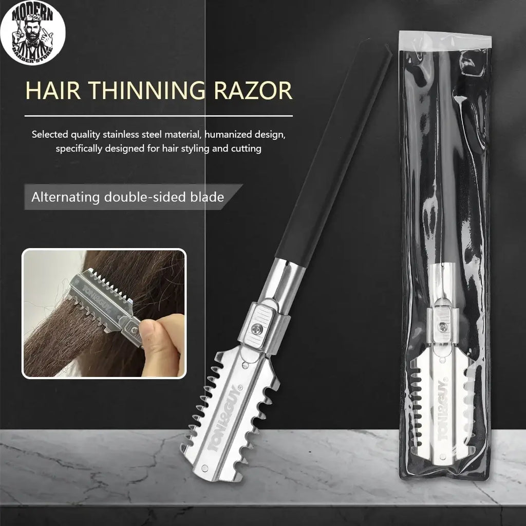 Silver hair cutting razor with black handle and stainless steel alternating double-sided blades for hair cutting
