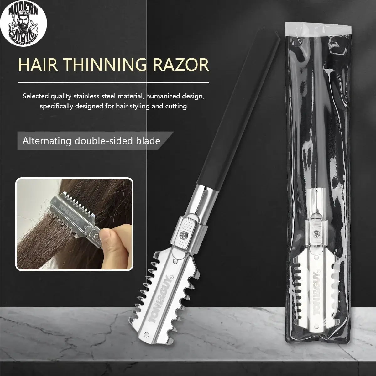 Silver hair cutting razor with black handle and stainless steel alternating double-sided blades for hair cutting