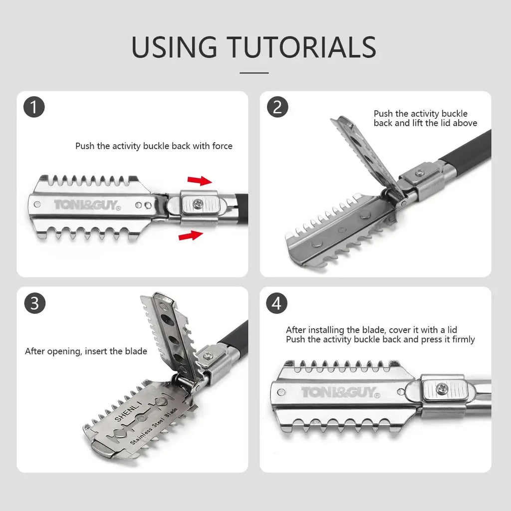 Silver-toned toni&guy stainless steel hair cutting razor with retractable blade and black handle for precise hair cutting