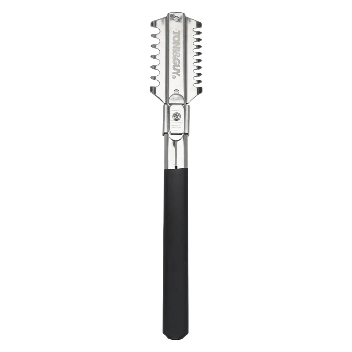 Silver-toned stainless steel hair cutting razor with foldable serrated comb and black rubber grip handle for hair cutting