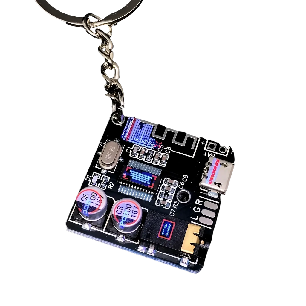 Black cyberpunk led circuit board keychain pendant with silver chain and blue led display for tech enthusiasts