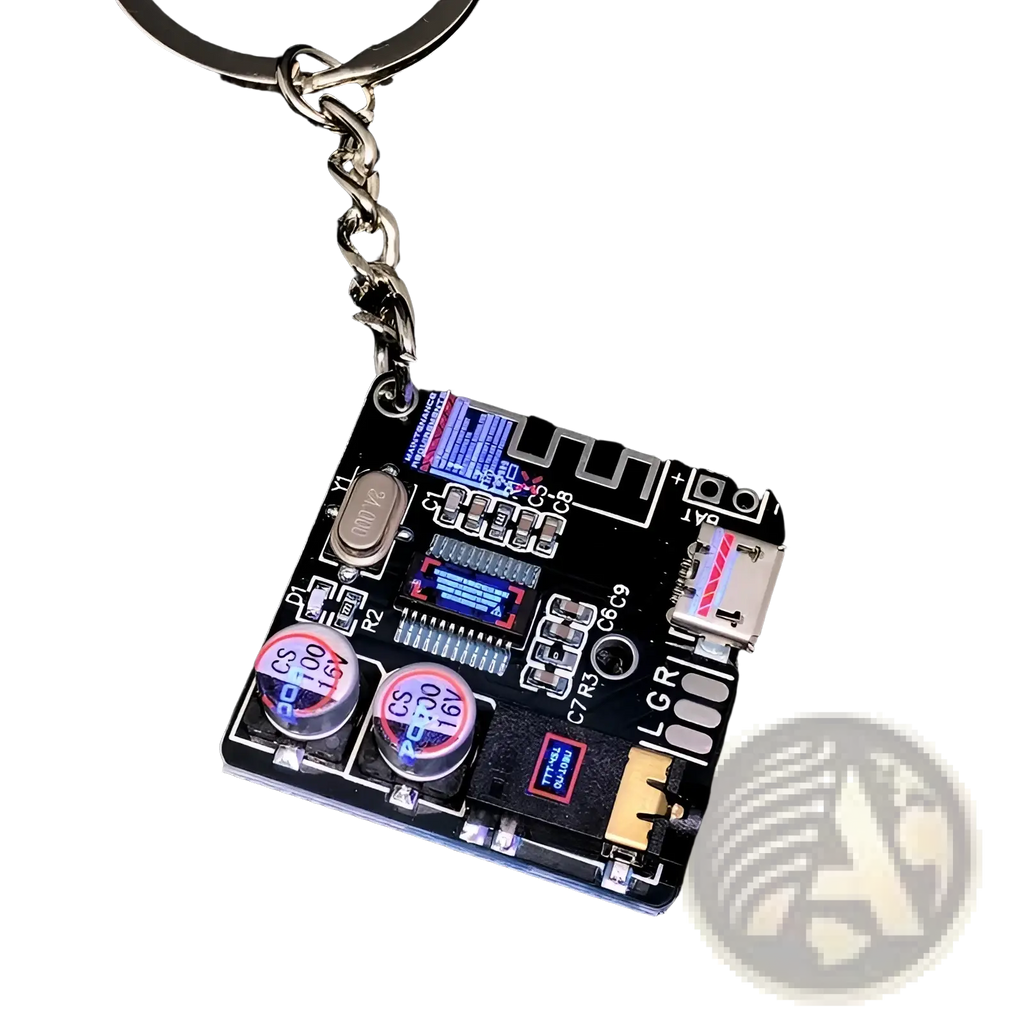 Black cyberpunk led circuit board keychain pendant with silver chain and blue led display for tech enthusiasts