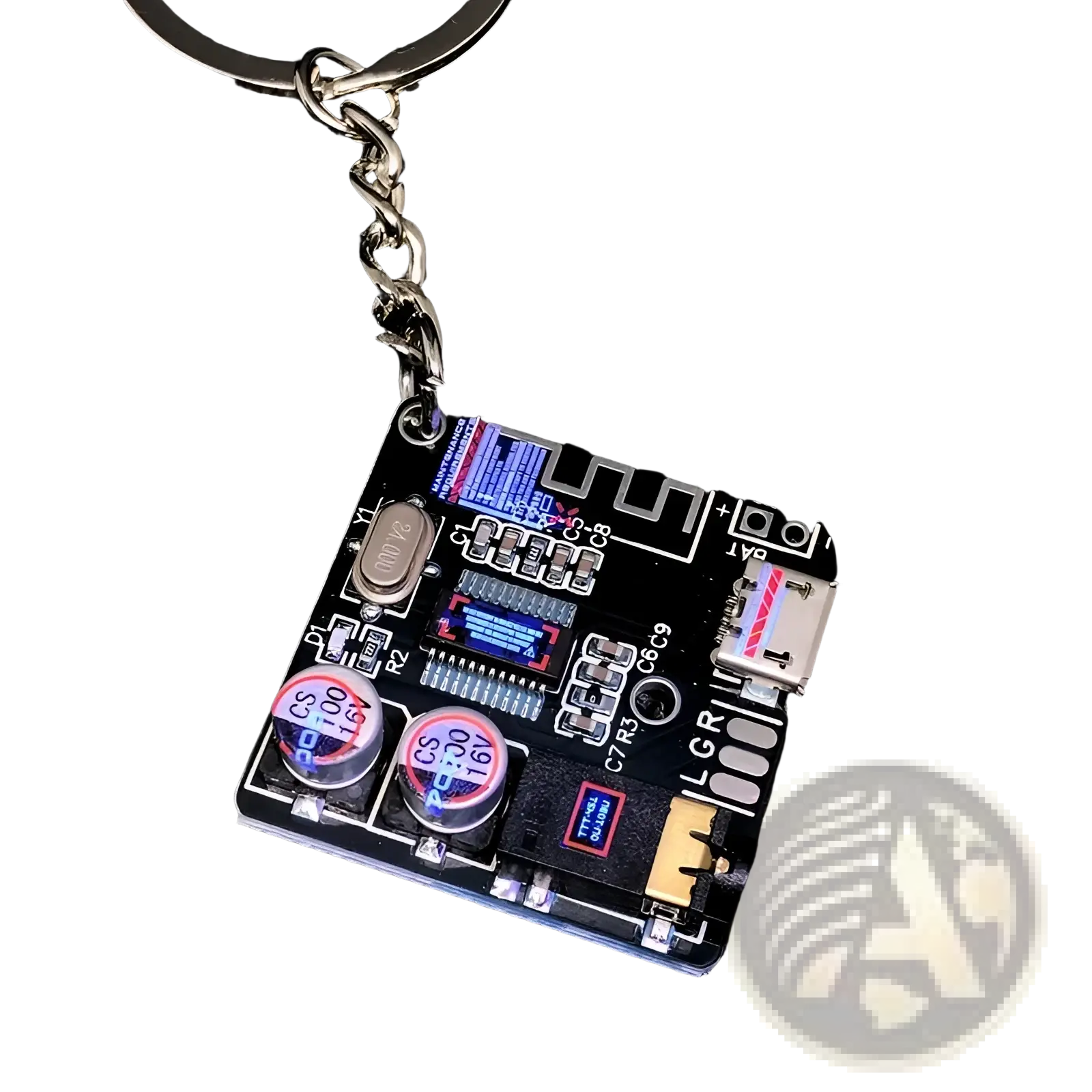 Black cyberpunk led circuit board keychain pendant with silver chain and blue led display for tech enthusiasts