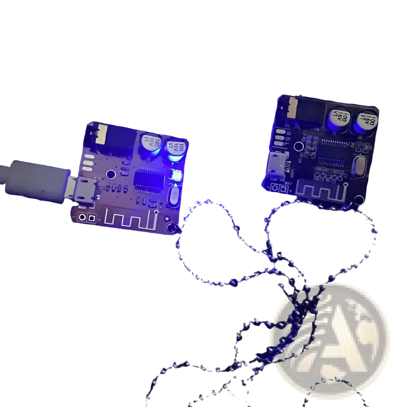 Cyberpunk led circuit board keychain pendant with blue led light, usb connector, and silver ball chain attached