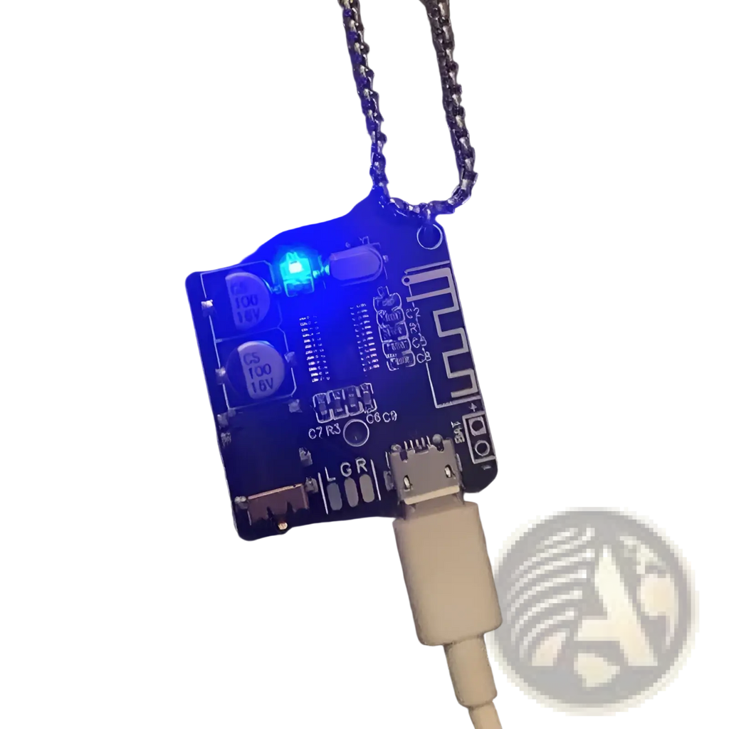 Blue led circuit board keychain pendant with silver chain and usb cable attached showcasing cyberpunk design