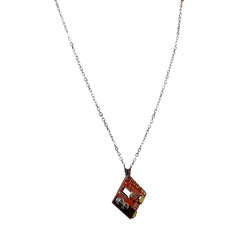 Red circuit board keychain pendant with LED on silver chain for cyberpunk style accessories