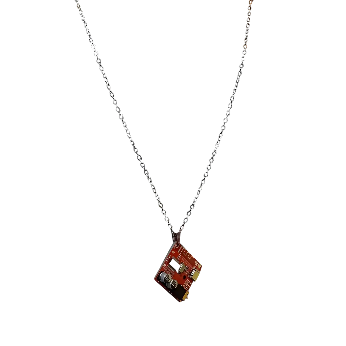 Red circuit board keychain pendant with LED on silver chain for cyberpunk style accessories