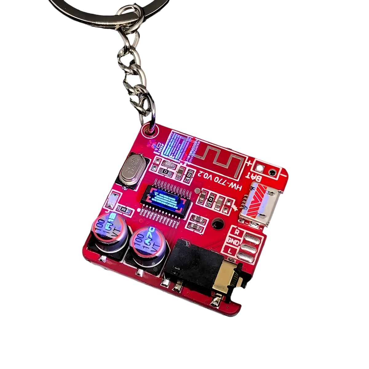 Red cyberpunk led circuit board keychain pendant with blue oled screen capacitors and labeled electronic components