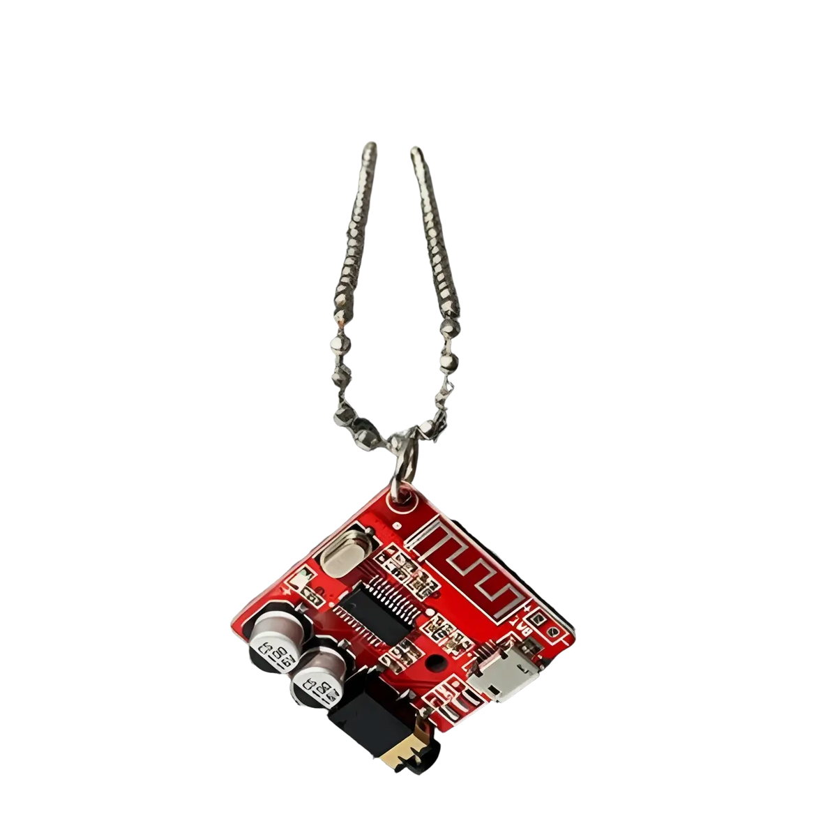 Red led circuit board keychain pendant with silver chain showcasing cyberpunk design and electronic details