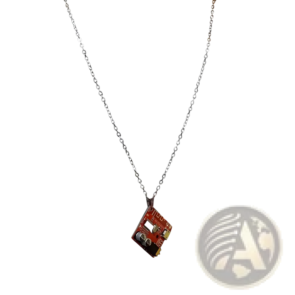 Red circuit board keychain pendant with LED on silver chain for cyberpunk style accessories