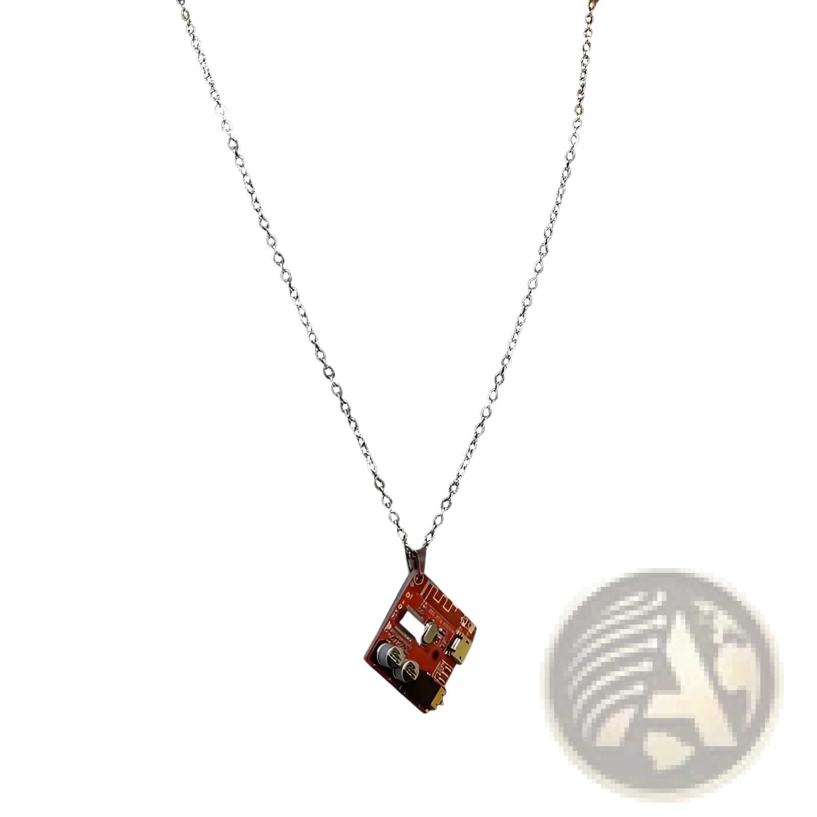 Red circuit board keychain pendant with LED on silver chain for cyberpunk style accessories