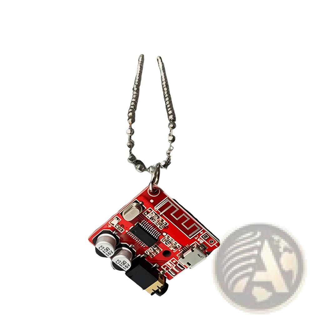 Red led circuit board keychain pendant with silver chain showcasing cyberpunk design and electronic details