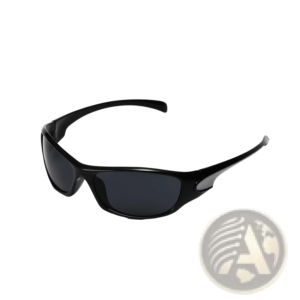 Black plastic-framed cyberpunk metallic shield sunglasses with dark gray pc lenses for stylish eye protection