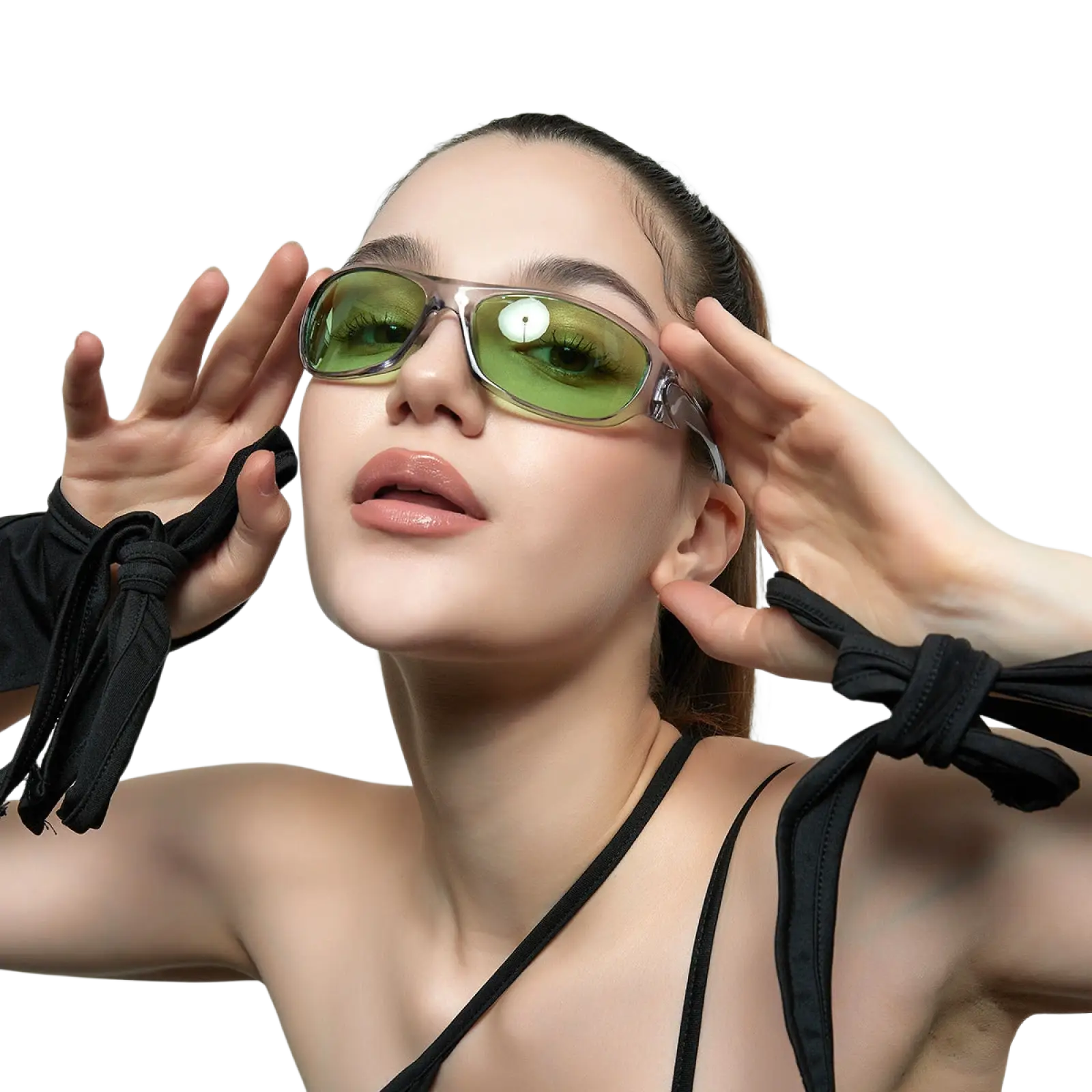 Cyberpunk metallic shield sunglasses with green-tinted transparent frames and pc lenses in a sleek modern design