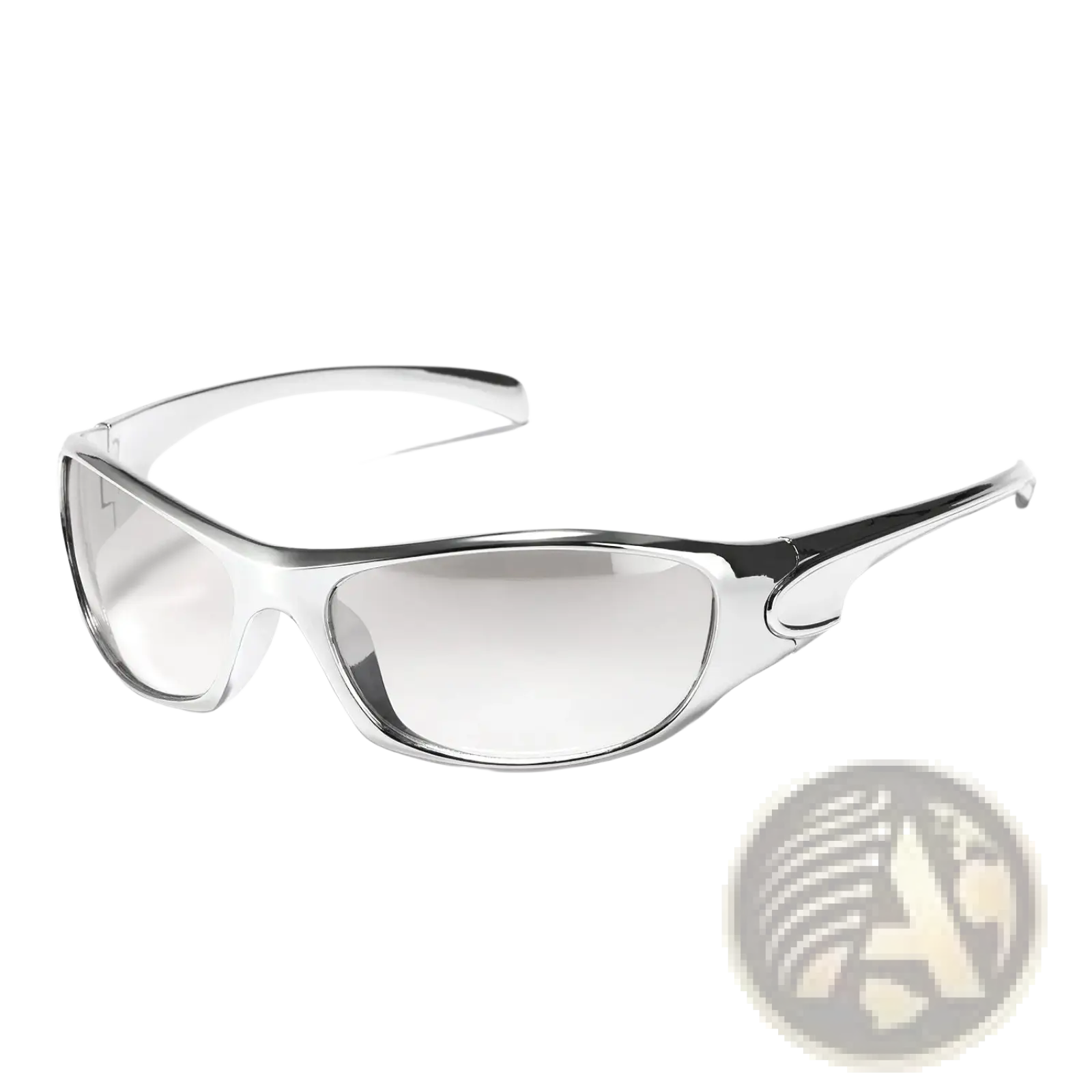 Cyberpunk metallic shield sunglasses with clear safety lenses and a sleek metallic silver frame for eye protection