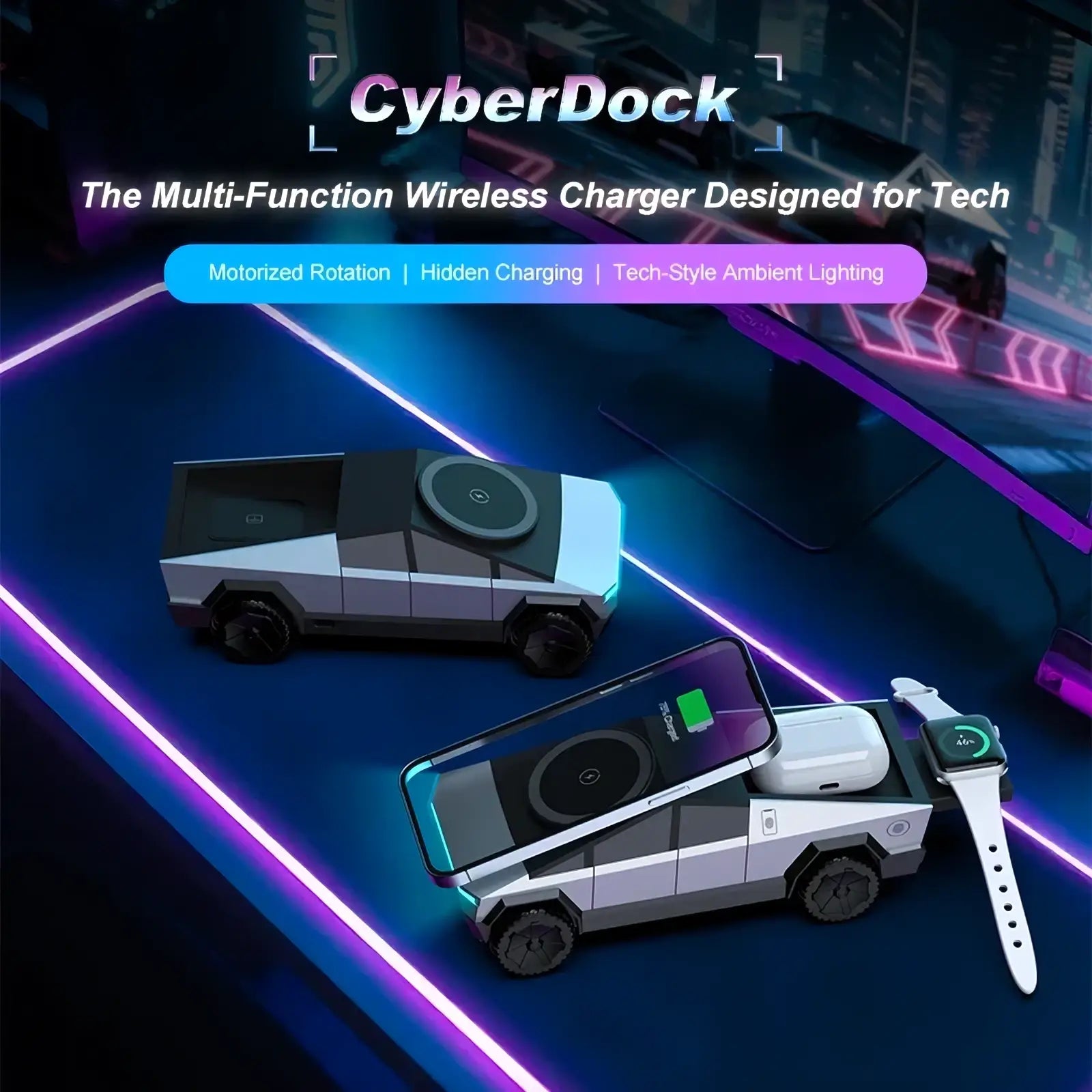 Cyberdock cybertruck 3-in-1 wireless charging station in white and black with motorized rotation and ambient lighting