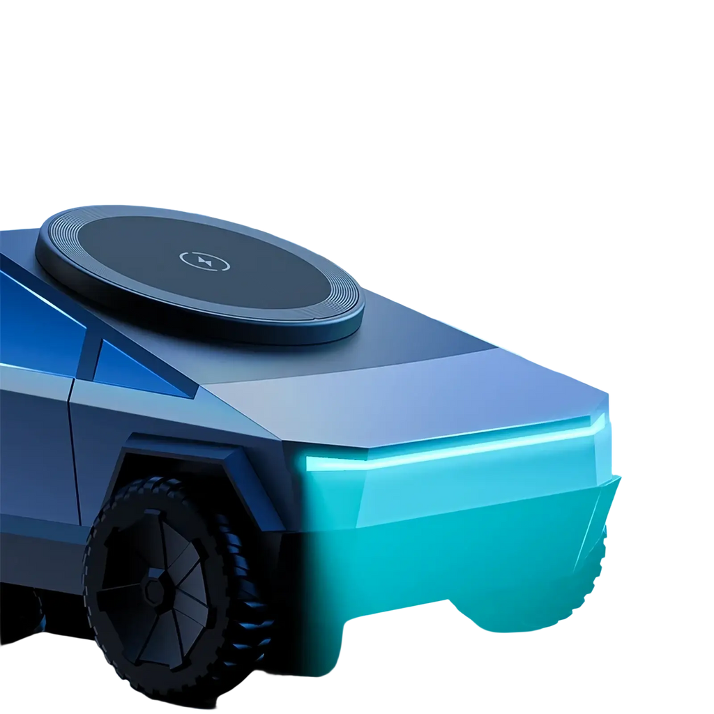 Cyberdock+ wireless charging pad in sleek black and blue with intelligent ambient lighting for Cybertruck 3-in-1 station
