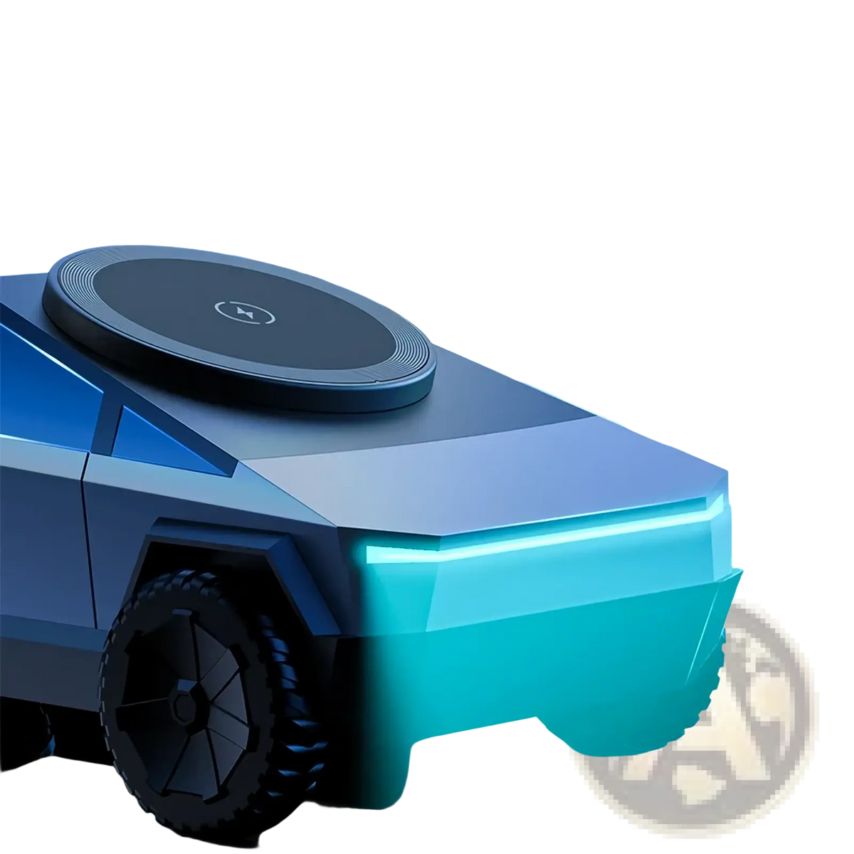 Cyberdock+ wireless charging pad in sleek black and blue with intelligent ambient lighting for Cybertruck 3-in-1 station