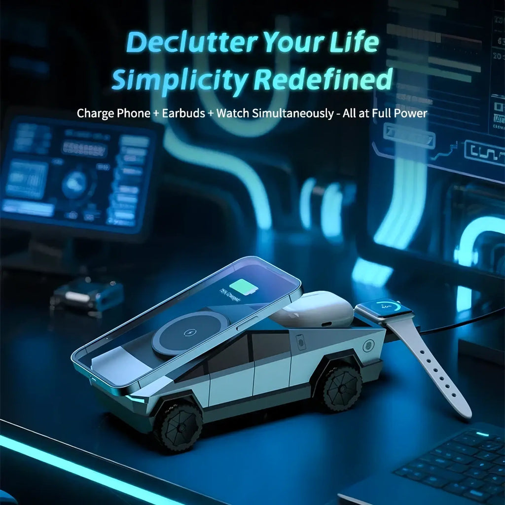 Futuristic white and black cybertruck 3-in-1 wireless charging station shaped like a truck, shown from the back side