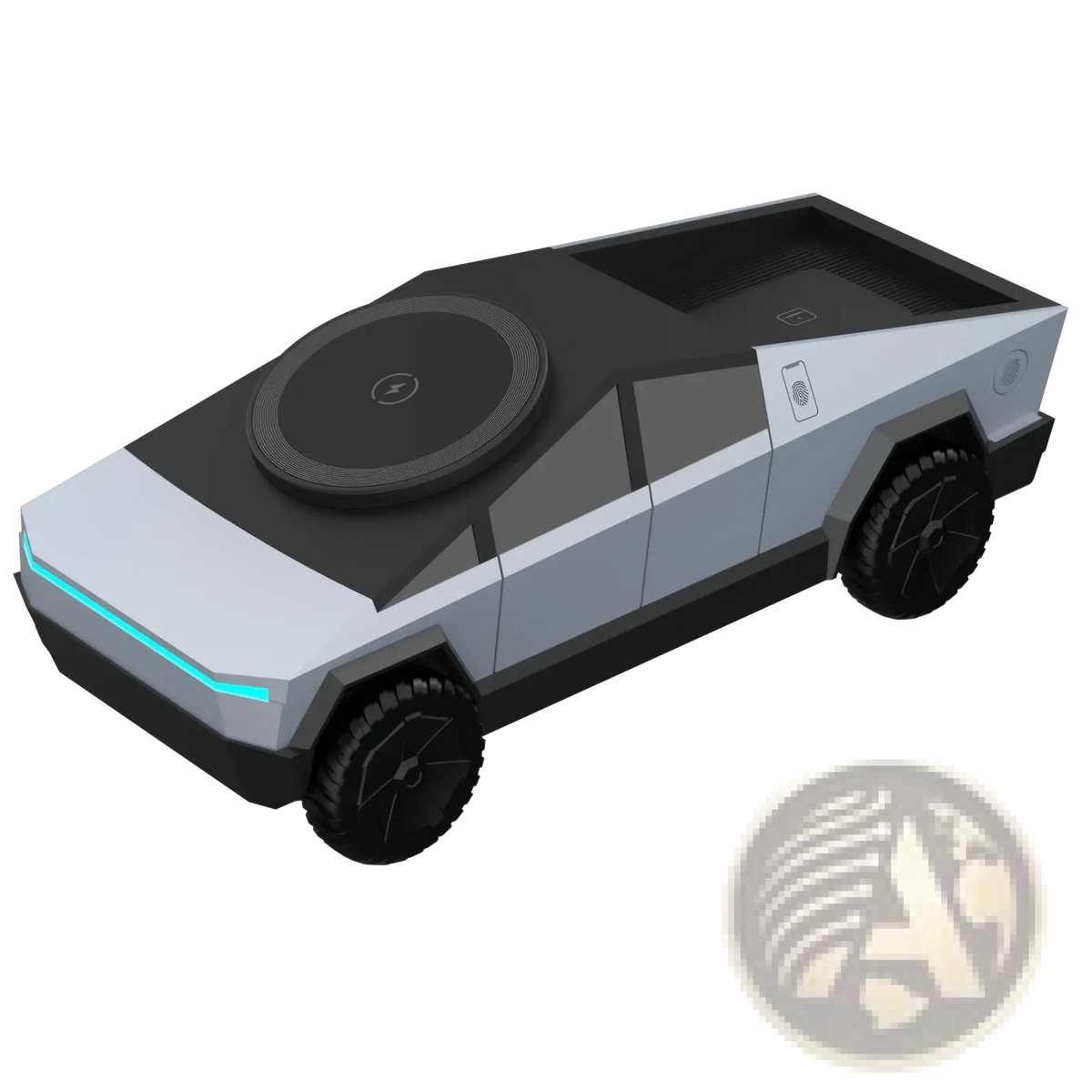 White and black tesla cybertruck wireless charging station with sleek angular design and glowing blue accents on front bumper
