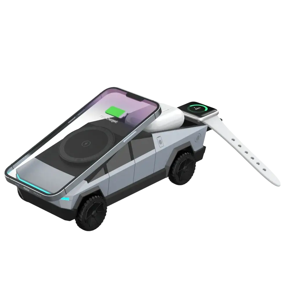 Silver and black Tesla Cybertruck-shaped 3-in-1 wireless charging station with built-in phone charger and watch dock