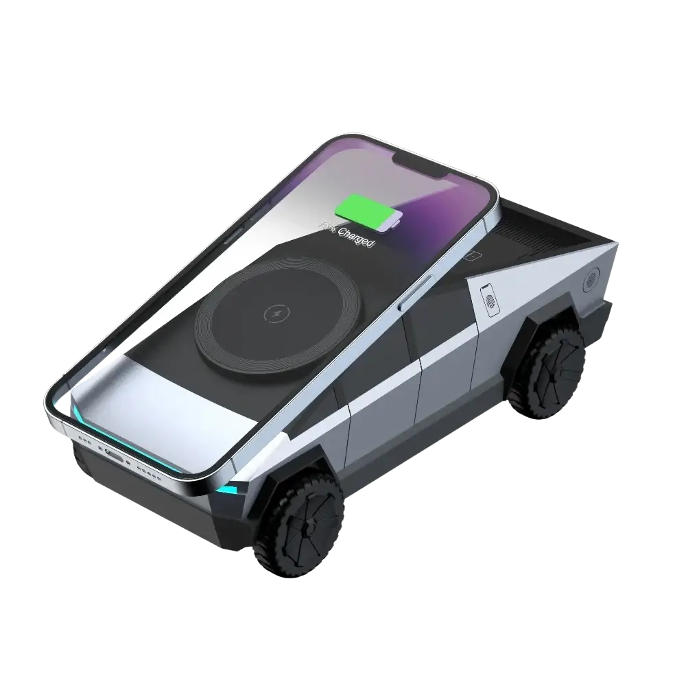 Silver and black Tesla Cybertruck-shaped wireless phone charger with sleek angular design in Cybertruck 3-in-1 station