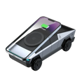 Silver and black Tesla Cybertruck-shaped wireless phone charger with sleek angular design in Cybertruck 3-in-1 station