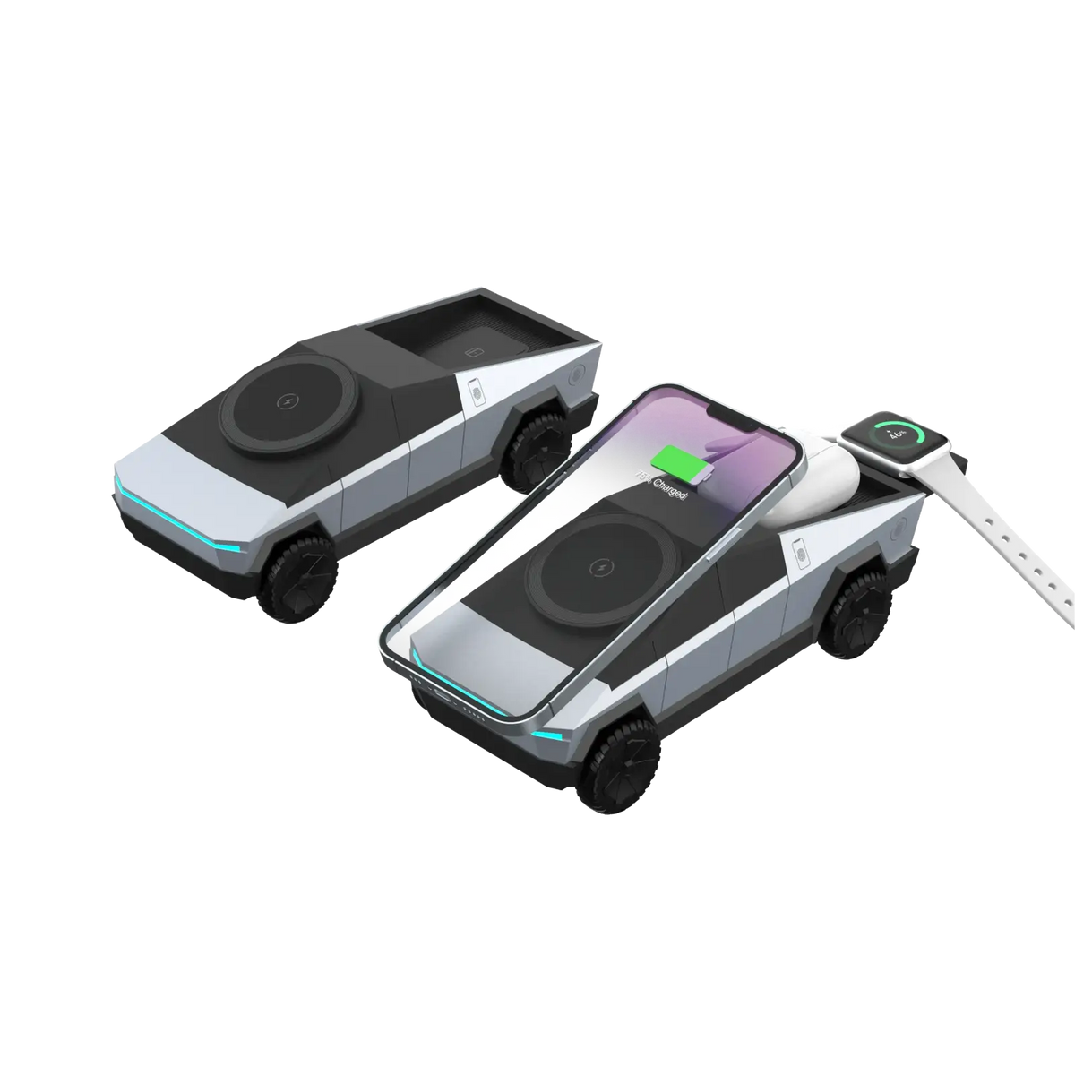 Silver and black tesla cybertruck-shaped wireless charging station with built-in phone and smartwatch chargers