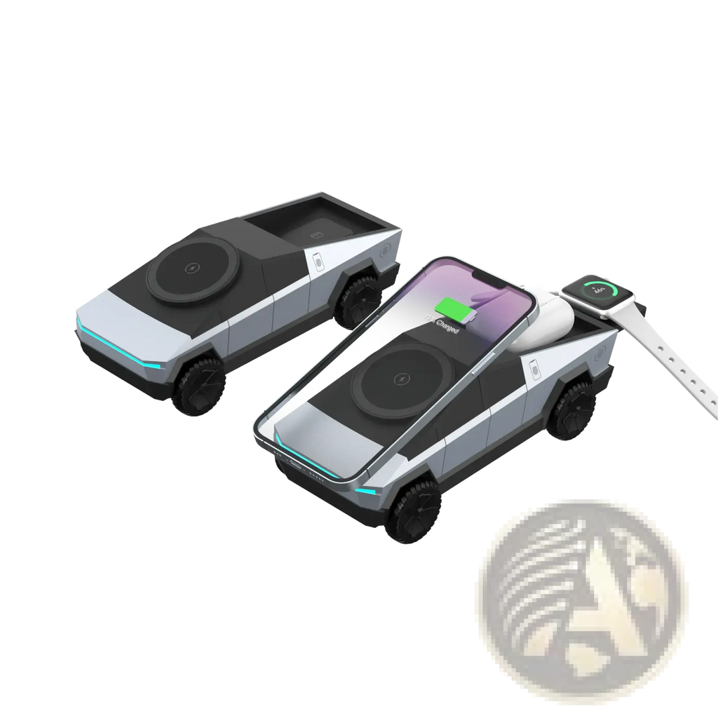 Silver and black tesla cybertruck-shaped wireless charging station with built-in phone and smartwatch chargers