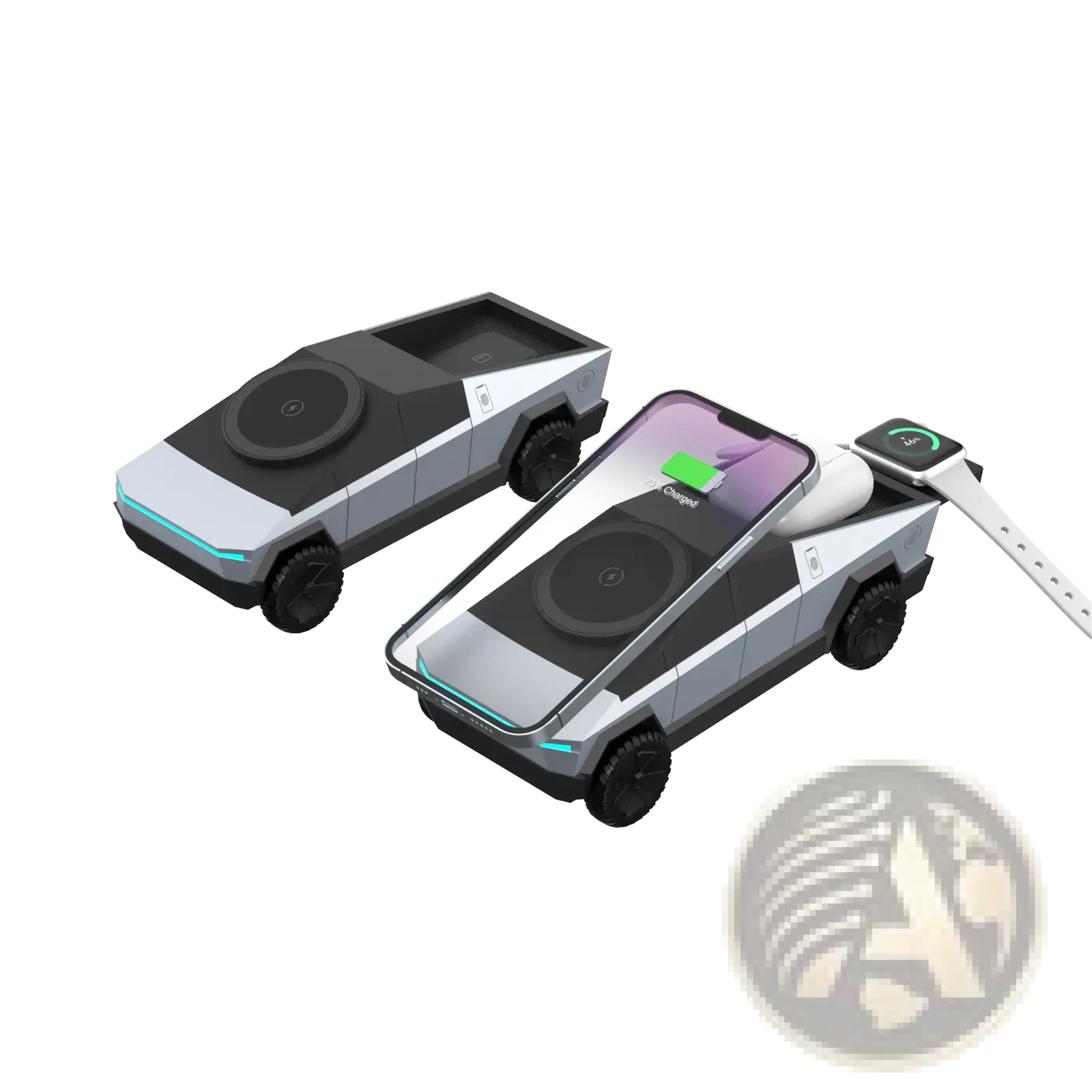 Silver and black tesla cybertruck-shaped wireless charging station with built-in phone and smartwatch chargers