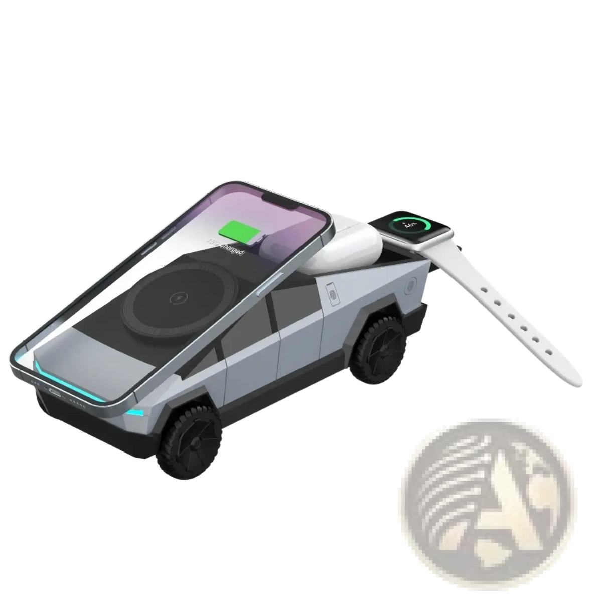 Silver and black Tesla Cybertruck-shaped 3-in-1 wireless charging station with built-in phone charger and watch dock