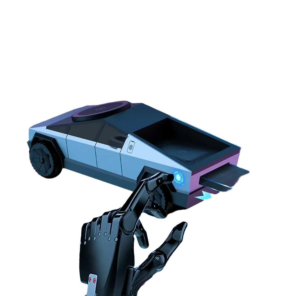 A sleek white and black Cybertruck 3-in-1 wireless charging station shaped like a futuristic electric car with a glowing blue light