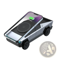 Silver and black Tesla Cybertruck-shaped wireless phone charger with sleek angular design in Cybertruck 3-in-1 station
