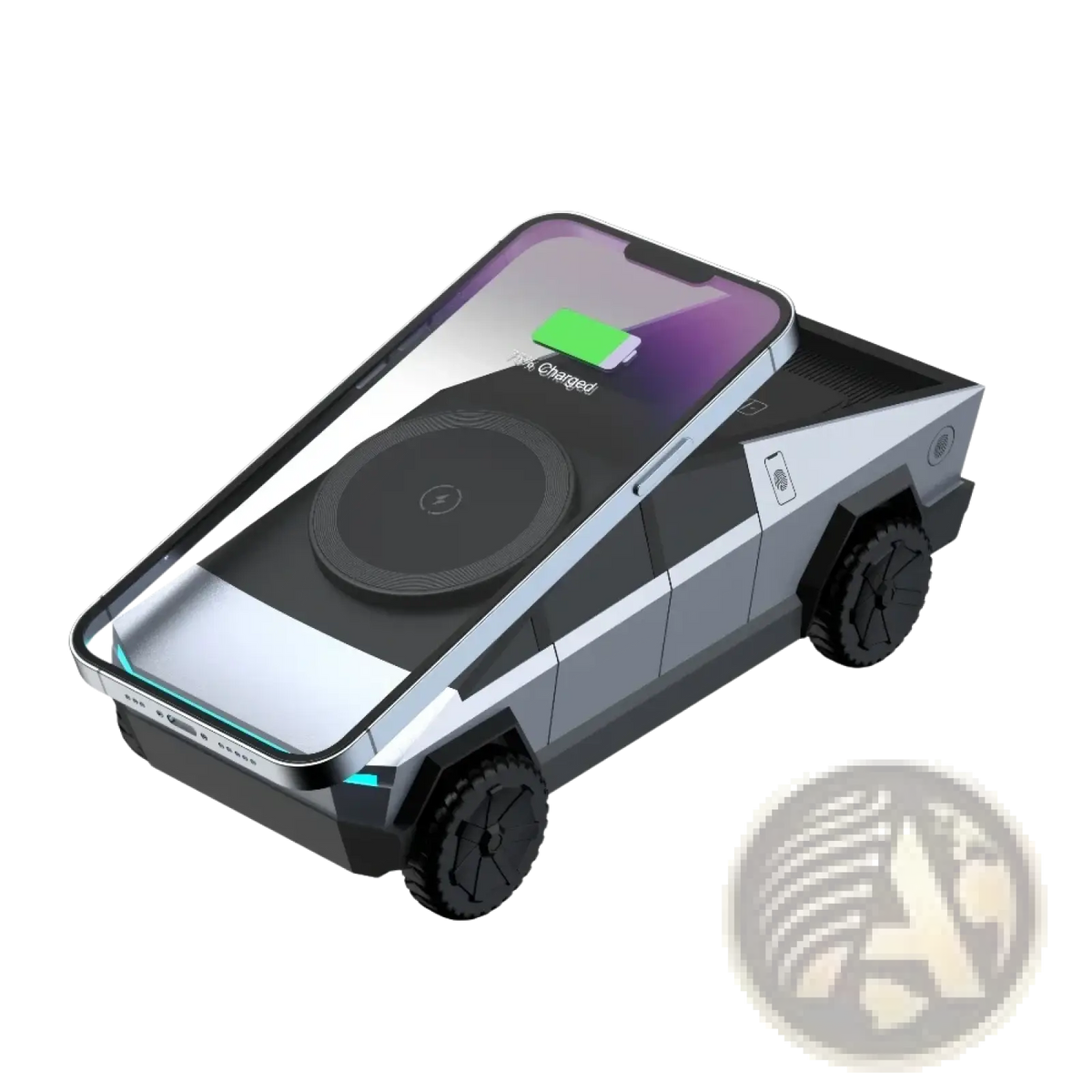 Silver and black Tesla Cybertruck-shaped wireless phone charger with sleek angular design in Cybertruck 3-in-1 station