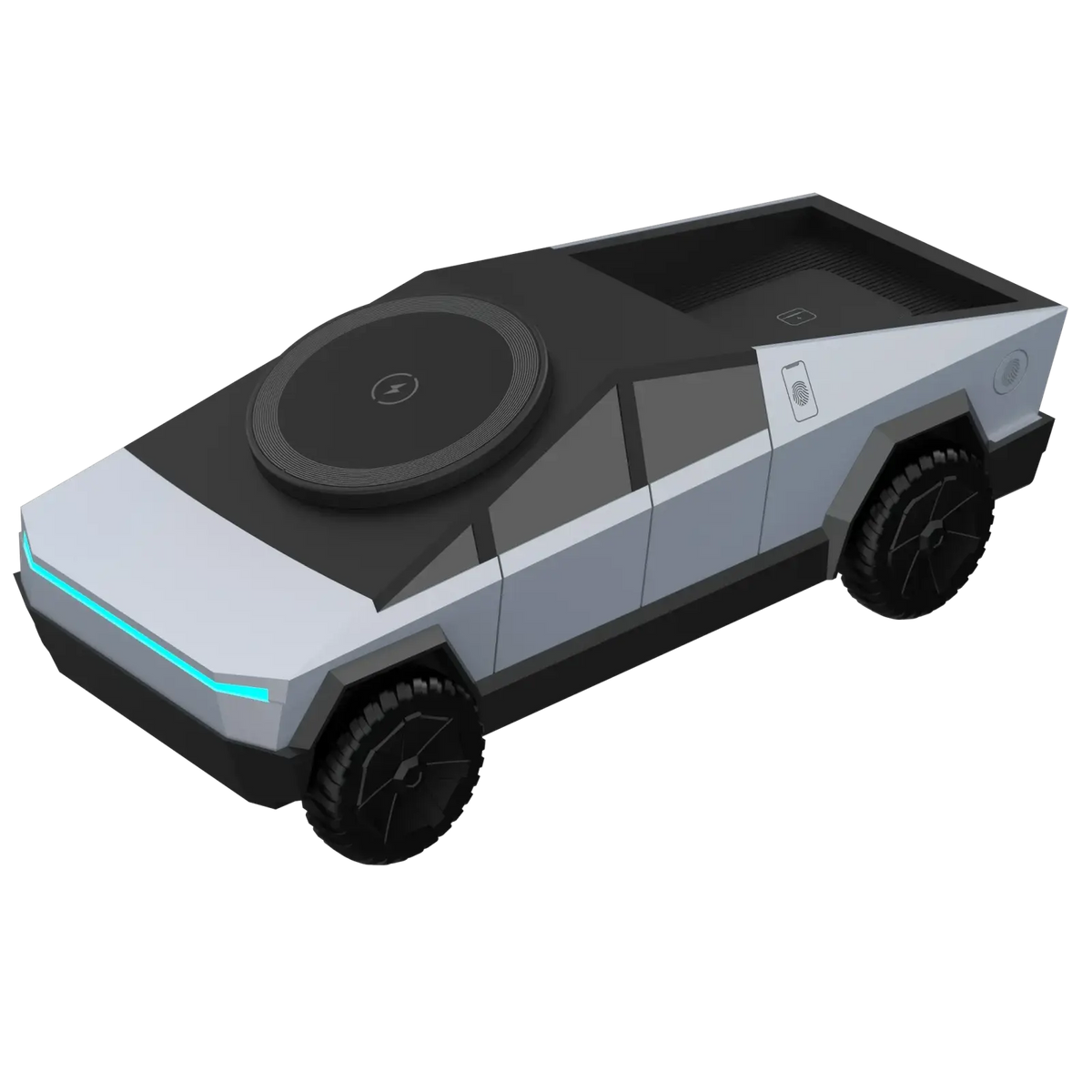 White and black tesla cybertruck wireless charging station with sleek angular design and glowing blue accents on front bumper