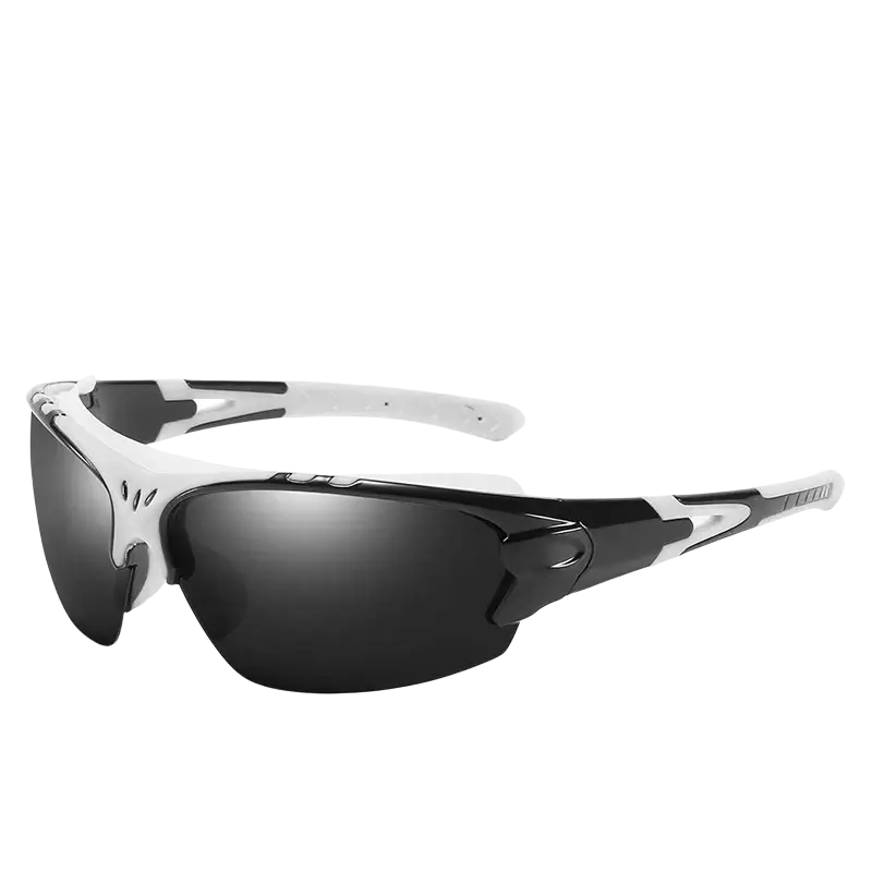 Black and white cycling glasses with sleek aerodynamic frames and polarized dark mirrored lenses for sports and fishing