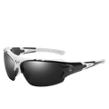 Black and white cycling glasses with sleek aerodynamic frames and polarized dark mirrored lenses for sports and fishing