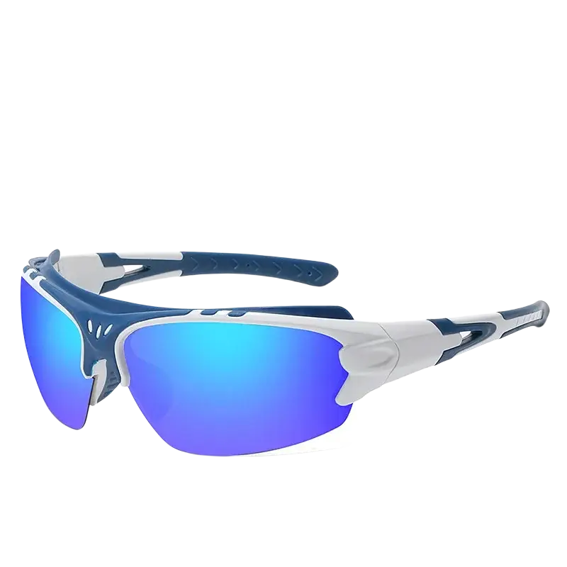 Blue and white polarized cycling glasses with reflective blue mirrored lenses suitable for sports and fishing sunglasses