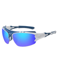 Blue and white polarized cycling glasses with reflective blue mirrored lenses suitable for sports and fishing sunglasses