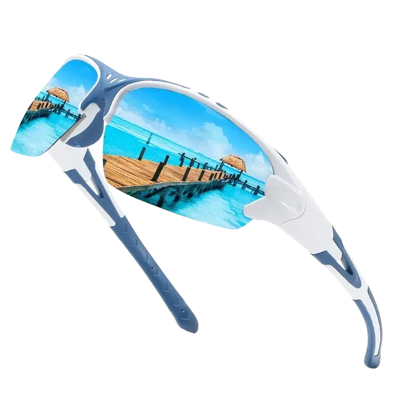 Blue and white polarized cycling glasses with mirrored lenses reflecting a beach pier for fishing sunglasses use