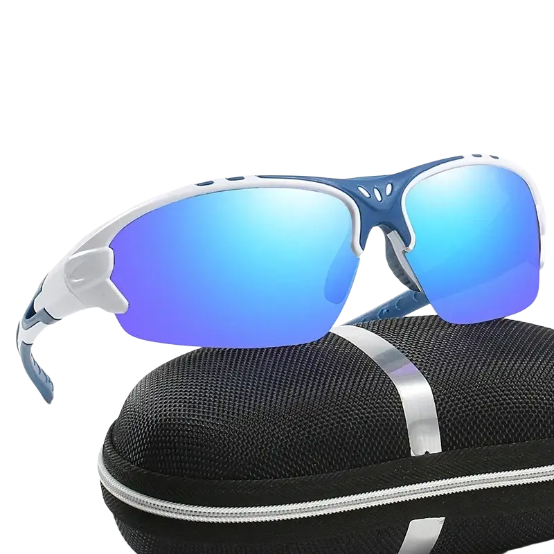 Blue and white cycling glasses with polarized reflective blue lenses resting on a black mesh case for fishing sunglasses use